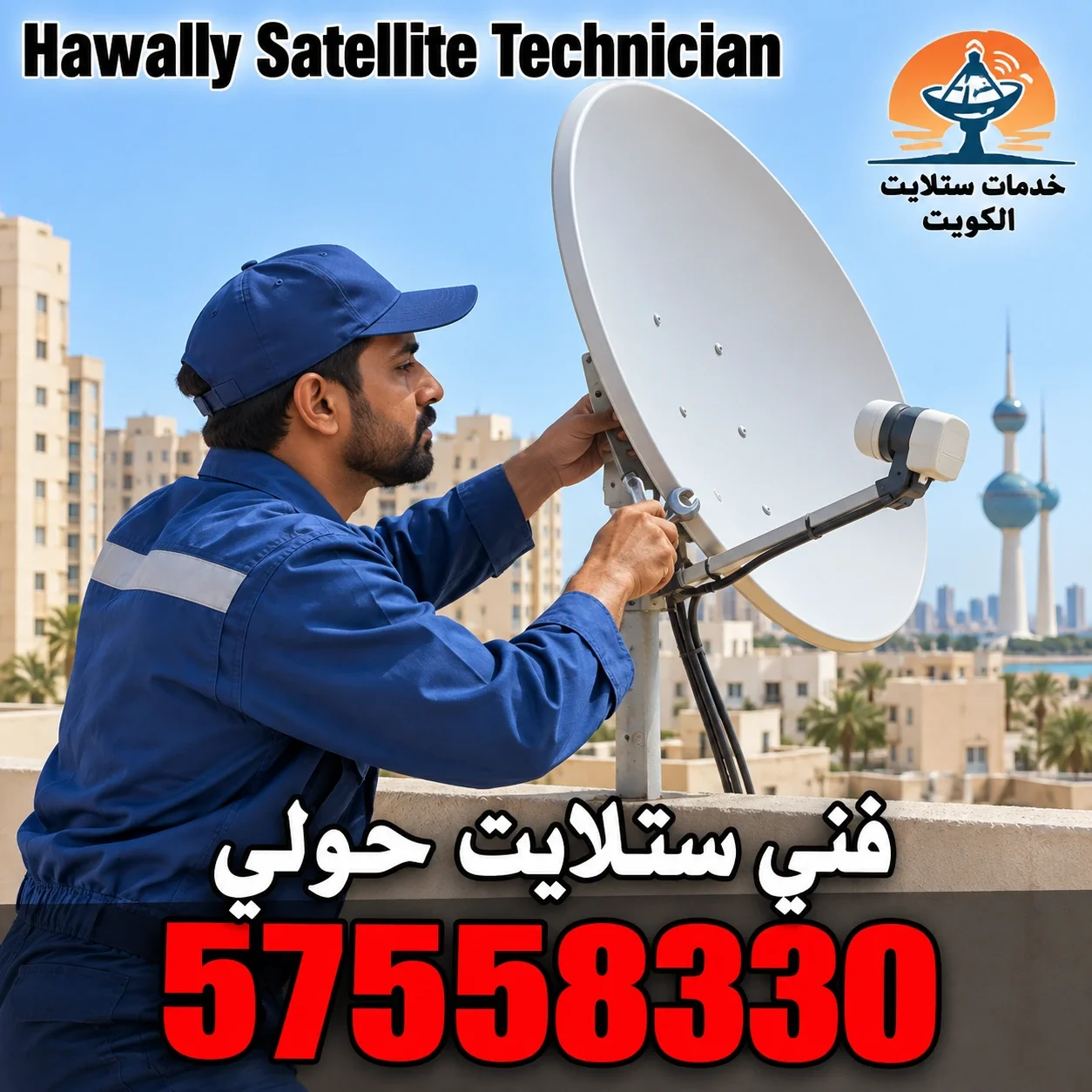 صورة تظهر فني ستلايت هندي محترف في الجهراء أثناء قيامه بتركيب جهاز استقبال فضائي. يرتدي زي العمل الرسمي ويحمل أدوات تقنية حديثة، مما يعكس خبرته العالية في مجال تركيب وصيانة أجهزة الستلايت. الخلفية تُبرز بيئة عملية مع عناصر تقنية توحي باستخدام أحدث الأساليب لضمان جودة الإشارة واستقرارها، مما يجسد التزامه بتقديم خدمة احترافية في محافظة الجهراء